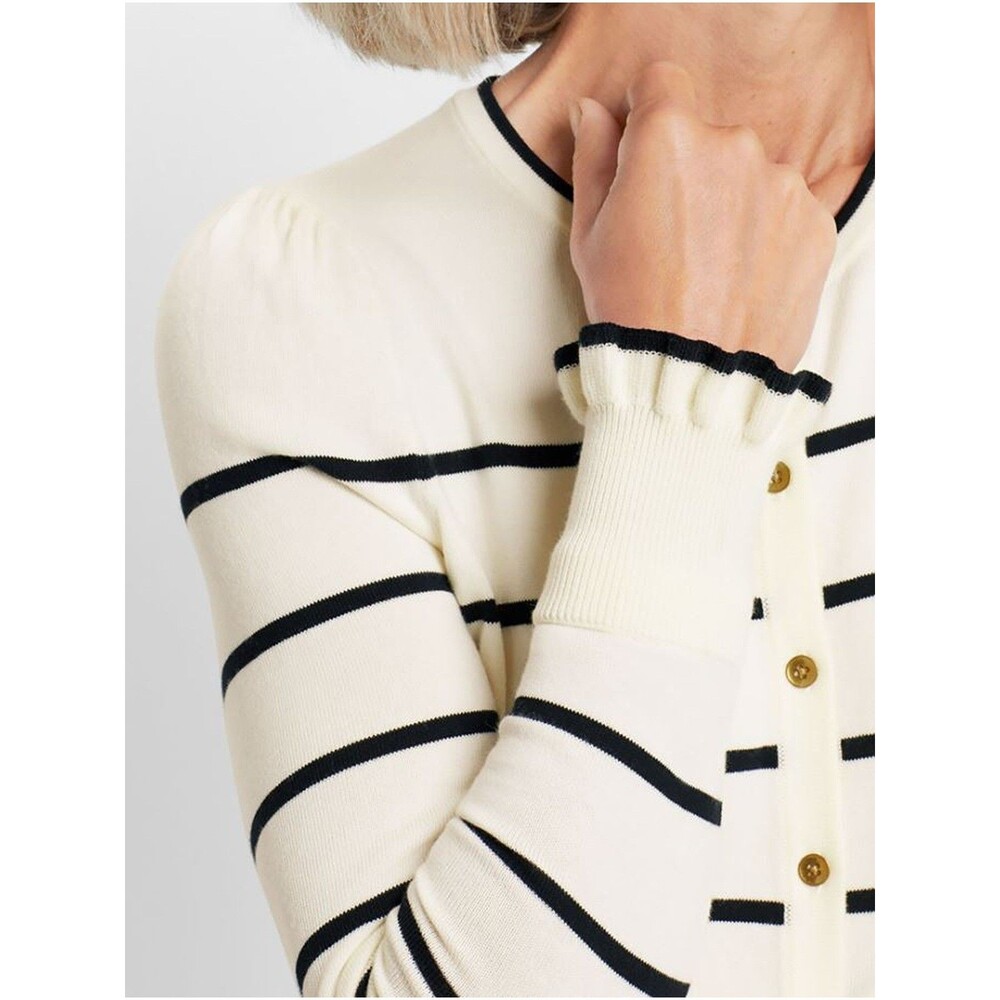 Talbots Striped Ruffle Sleeve Cardigan Size M Preppy Coastal Gold Button Cream